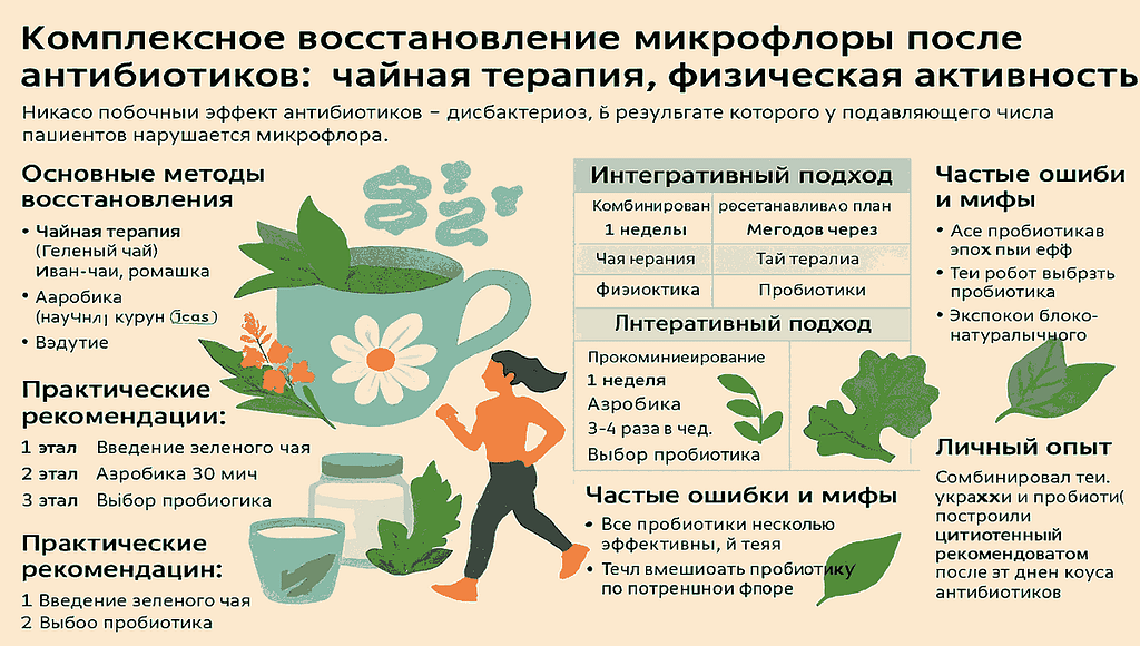 Комплексное восстановление микрофлоры после антибиотиков: чай, спорт и пробиотики — визуальный план