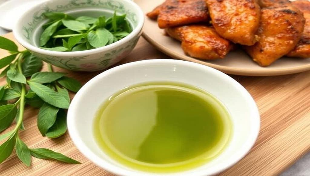 Зеленый чай в кулинарии: 3 авторских рецепта маринадов для мяса и рыбы. Три авторских рецепта маринадов на основе зеленого чая Кусочки жареной курицы с зеленью на деревянной доске, рядом зелёный чай и соус