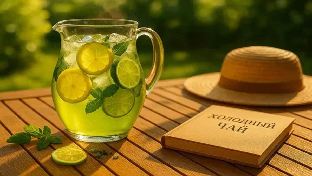 Освежающий холодный зелёный чай — летний рецепт с цитрусовыми нотками Холодный зелёный чай в стеклянном кувшине с лимоном, лаймом и мятой на летнем столе рядом с книгой и соломенной шляпой