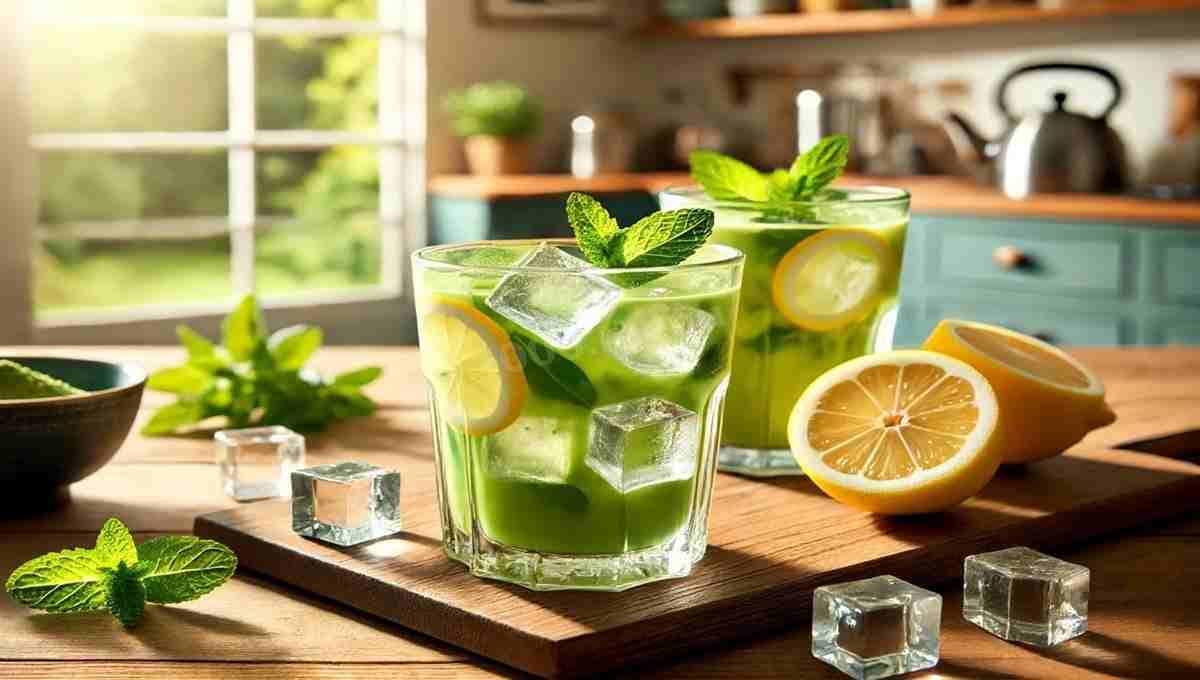 Лимонно-мятный летний напиток в стеклянных стаканах Освежающий напиток с лимоном, мятой и кубиками льда на фоне уютной кухни