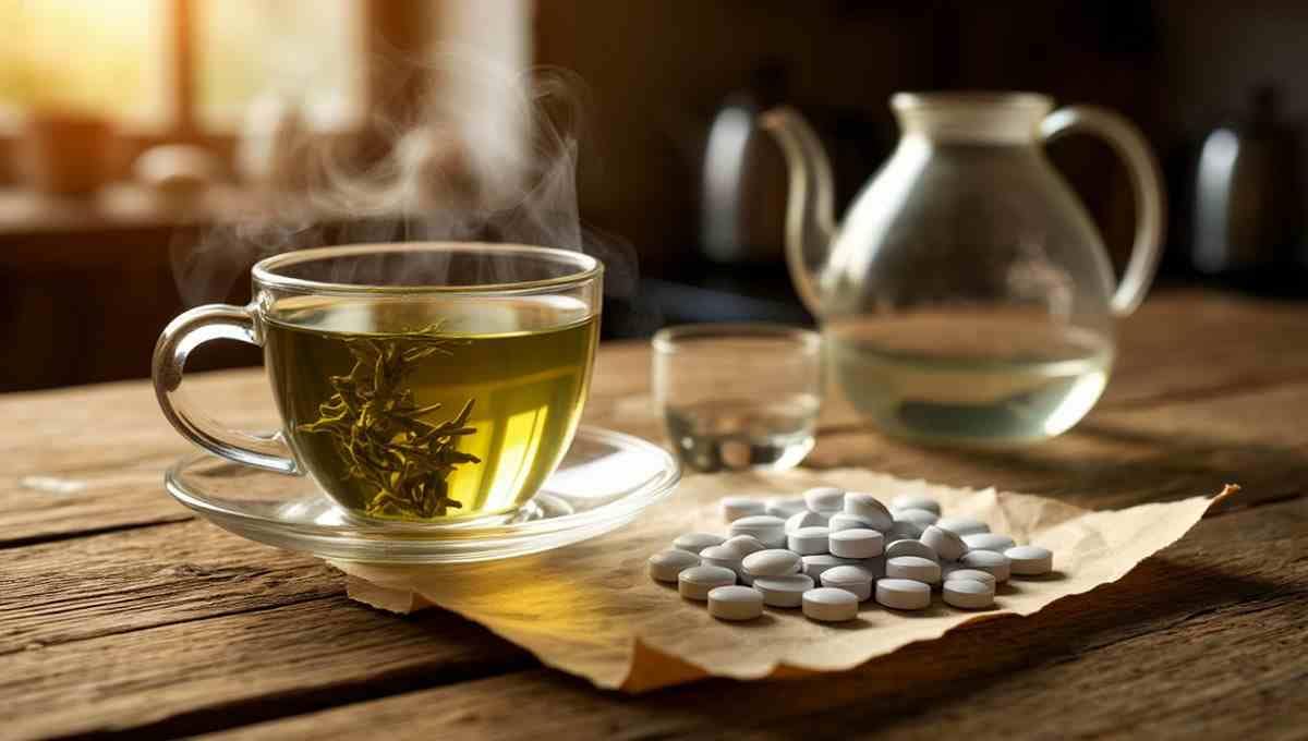 Почему нельзя запивать лекарства зеленым или травяным чаем (ромашка, иван-чай, пуэр)? Научное объяснение взаимодействия. Безопасная альтернатива - стакан воды. Иллюстрация к статье.