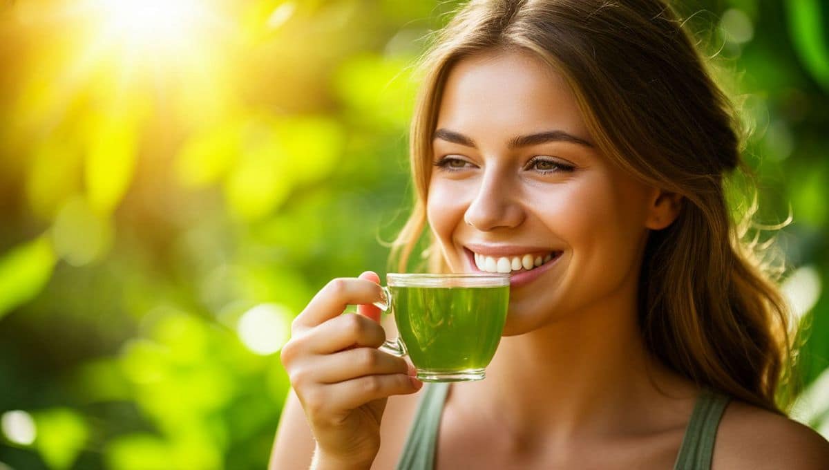 Чашка зелёного чая в руках на фоне солнечного пейзажа