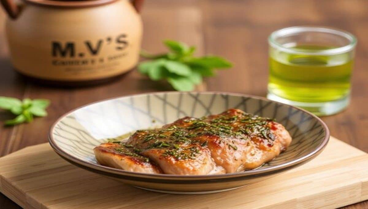 Домашнее жареное мясо с зеленью и соусом — подача в деревенском стиле Жареное мясо с зеленью на деревянной доске, рядом зелёный напиток и соус M.V'S Cuisine