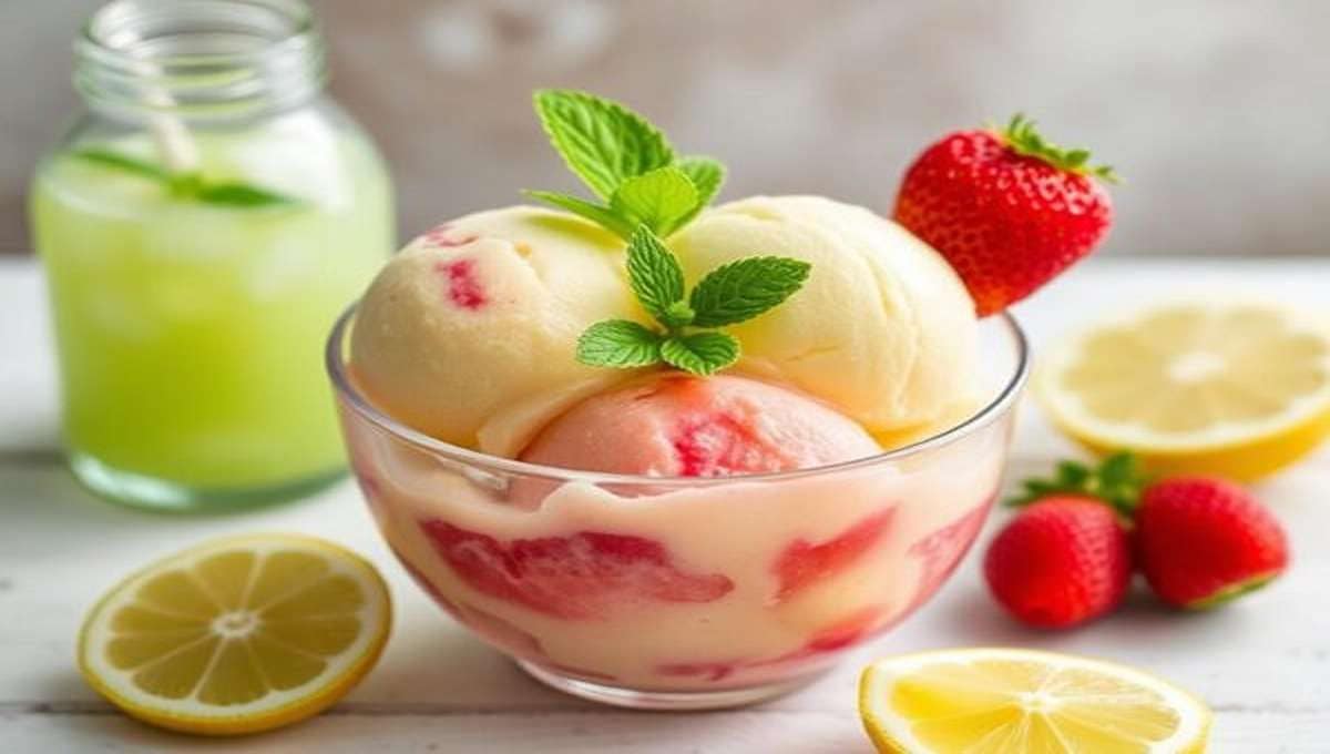 Освежающий десерт с клубникой, мятой и лимоном — летнее мороженое своими руками Рецепт домашнего чая с клубничным мороженым, мятой и лимоном в белой пиале, рядом свежие ягоды и дольки лимона