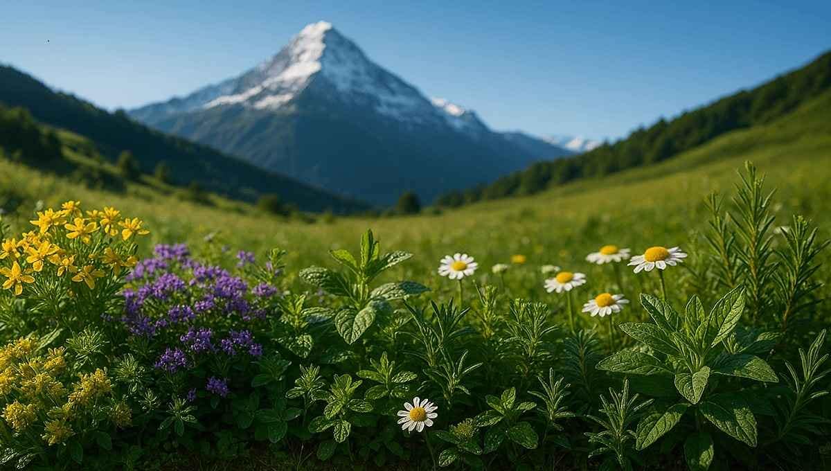 Детокс травами: природная красота и здоровье детокс травами: живописный пейзаж с разноцветными цветами на фоне зеленого луга и снежной горы