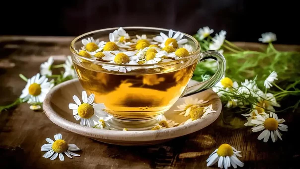 Ромашковый чай и свежие цветки — натуральное спокойствие Противопоказания травяных чаев: стеклянная чашка ромашкового чая на деревянной поверхности