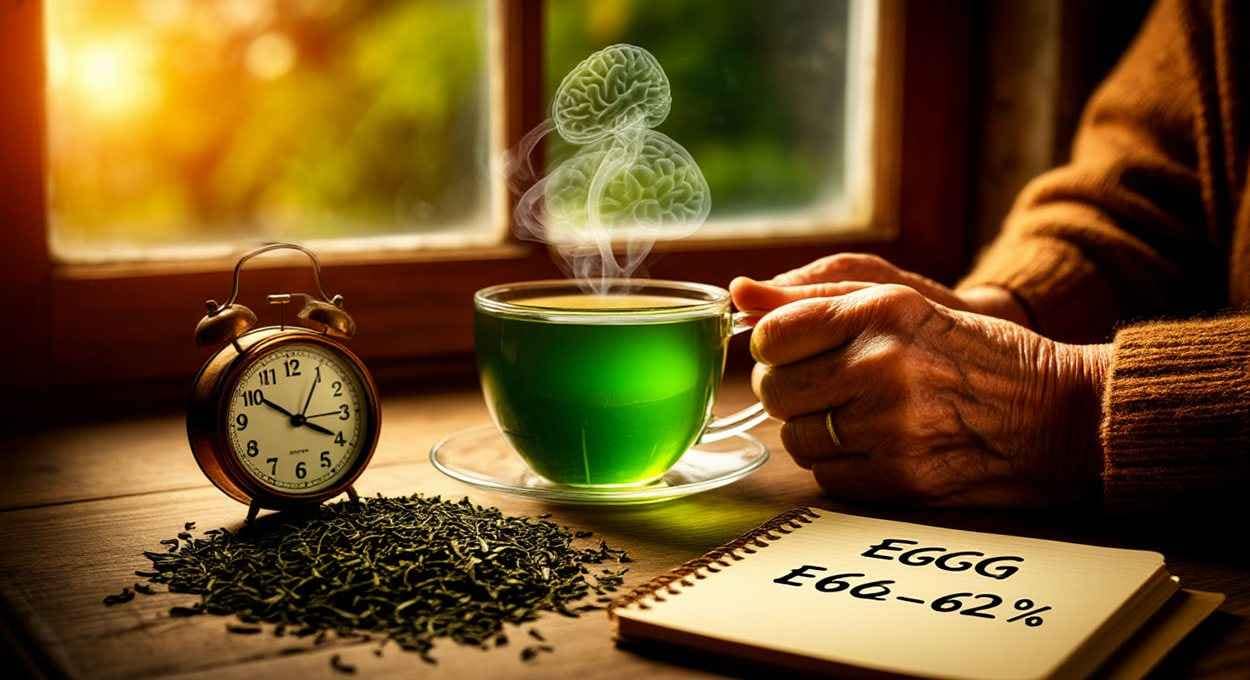 Чай и память: визуальный образ силы EGCG и заботы о мозге Пожилые руки с чашкой зелёного чая, пар в виде мозга, рядом блокнот с формулой EGCG