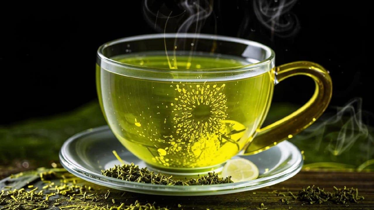 Зеленый чай с лимоном – польза и уют Горячий зеленый чай с лимоном в стеклянной чашке на темном фоне