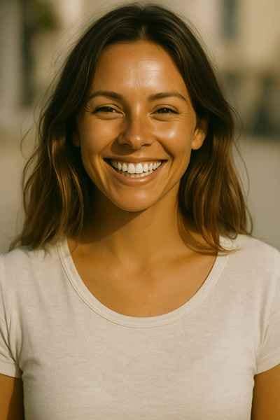 Элеутерококк применение — улыбающаяся женщина на фоне улицы, портрет крупным планом