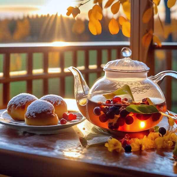 Фруктовый чай в стеклянном чайнике с ягодами и листочками, рядом тарелка с сахарными пирожными и осенний пейзаж на заднем плане