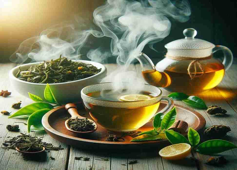 Чашка зеленого чая и рассыпанные чайные листья - символ профилактики онкологических заболеваний