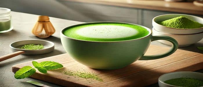 Традиционное приготовление матча — гармония вкуса и ритуала Чашка матча на деревянной подставке с бамбуковым венчиком, порошком и мятой